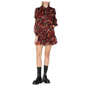 Walter Baker Tie Neck Floral Mini Dress Ruffle Hem Large $268